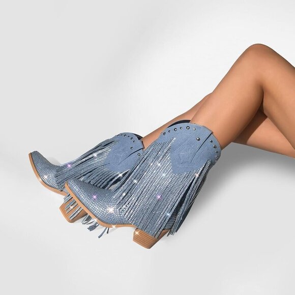 ✨ Sexytag Cowgirl Boots Women Grey Synthetic Sparkly Wide Calf Western Boots - Picture 5 of 6